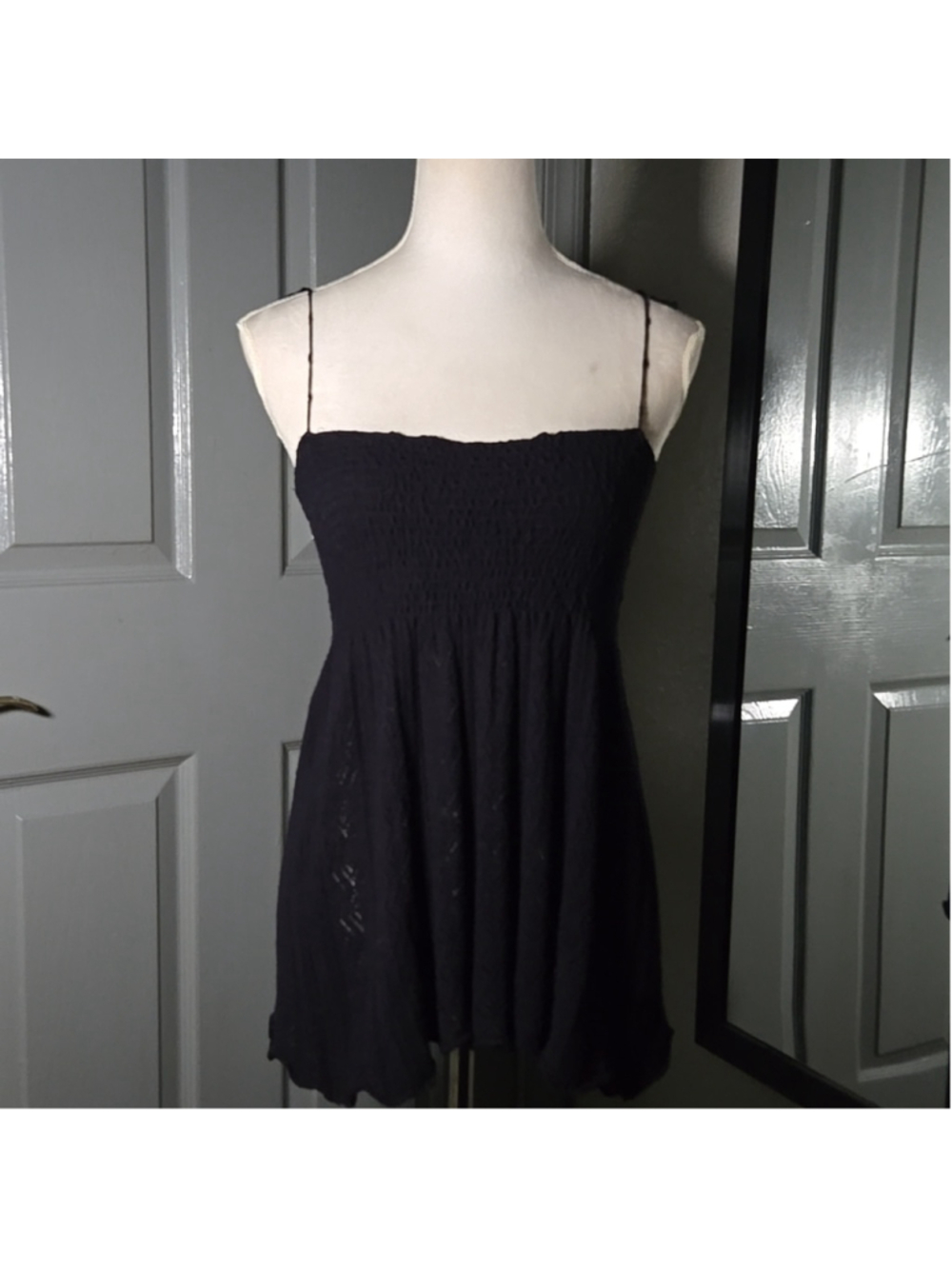 Women's Knit Black Babydoll Top with String Straps! L